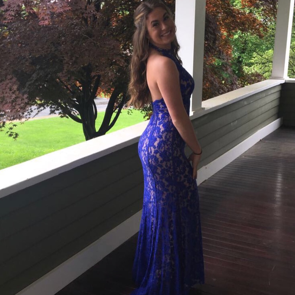 Royal blue halter neck prom dress
